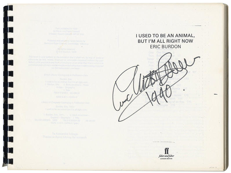Eric Burdon Signed "I Used to be an Animal But Im All Right Now" Publishers Edition Book