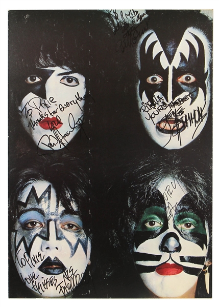 KISS Dynasty Cardboard Poster 1979 Signed Autograph Inscribed To Pixie Esmonde from Gene Simmons Ace Frehley Paul Stanley Peter Criss Bill Aucoin