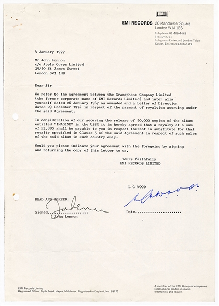 John Lennon Signed "Imagine" USSR Royalty Agreement with EMI Records (Caiazzo)