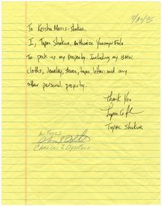 Tupac Shakur 9/24/1995 Handwritten & Signed Letter While in Prison Authorizing Yaasmyn Fula To Pick Up His Personal Property