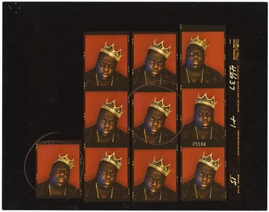 The Notorious B.I.G. Incredible Unreleased Original Contact Sheet From Iconic “King of New York” Photoshoot - Signed by the Photographer with Notations by Biggie