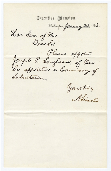 President Abraham Lincoln Civil War Handwritten & Signed Appointment Letter to Secretary of War (JSA)