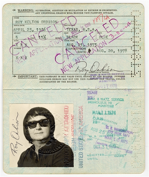 Roy Orbison Twice-Signed Original 1973 Passport