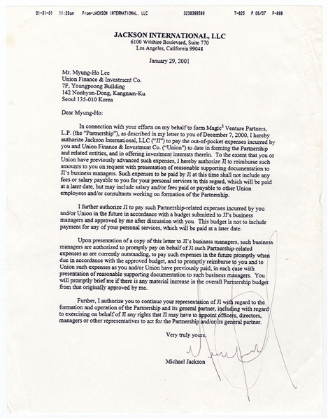 Michael Jackson Signed Original South Korean Partnership Letter