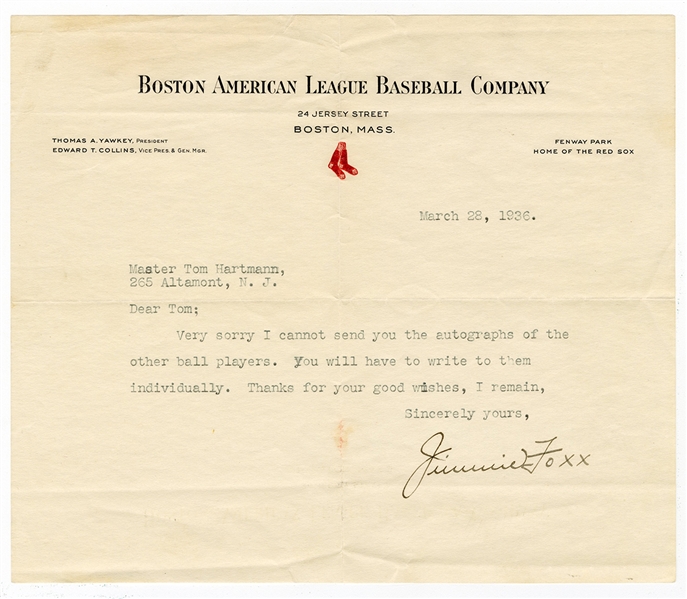 Jimmie Fox Signed 1936 Boston Red Sox Letter