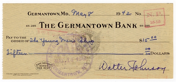 Pitching Great Walter Johnson Signed Check