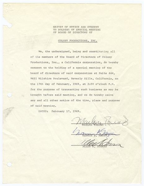 Marlon Brando Signed 1969 Colony Productions Inc. Meeting Document (JSA)