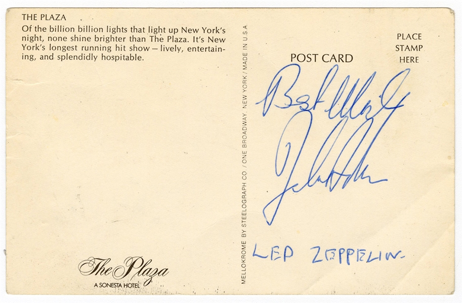 John Bonham Signed Plaza Hotel NYC Post Card (JSA & REAL)