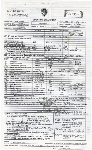 Madonna Owned & Used "Whos That Girl" (Slammer) Movie Production Call Sheet