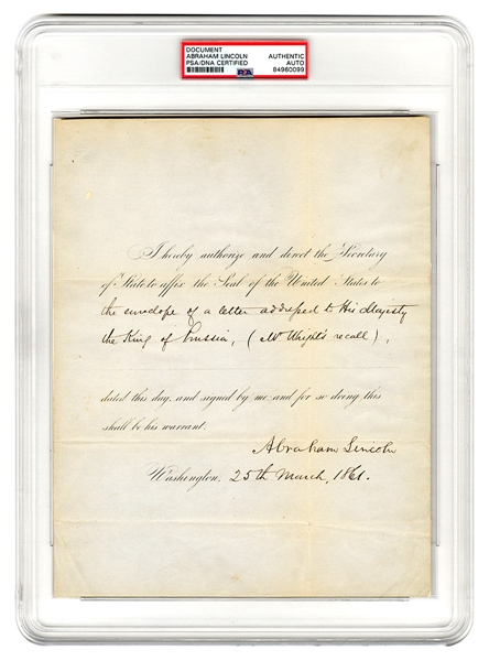 Abraham Lincoln Handwritten and Signed Document - Recalls Democrat Envoy to Prussia Days Before Start of Civil War Leading to Strengthening of Relations and Prussia Delivering Weapons to Union (PSA)