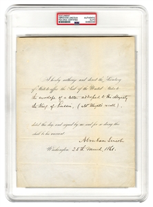 Abraham Lincoln Handwritten and Signed Document - Recalls Democrat Envoy to Prussia Days Before Start of Civil War Leading to Strengthening of Relations and Prussia Delivering Weapons to Union (PSA)