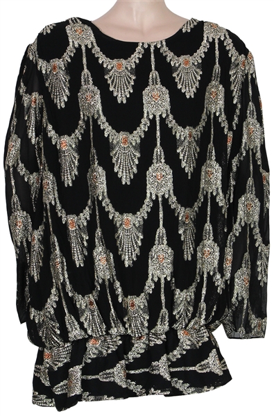 Aretha Franklin Owned and Worn Sheer Black Stage Blouse with Gold & Silver Metallic Design