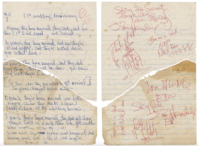 Jimi Hendrix Experience "51st Anniversary" Handwritten Lyrics With Two Sets Of Autographs (REAL)