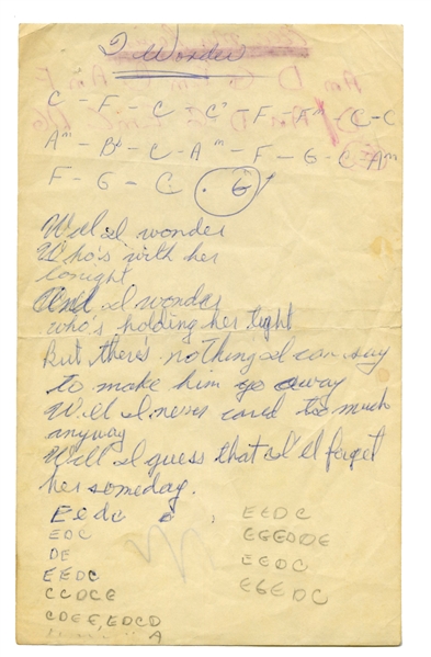 Neil Young Early 1960s Handwritten Lyrics To Various Songs Including His First Ever Recorded Song "I Wonder" (REAL) 