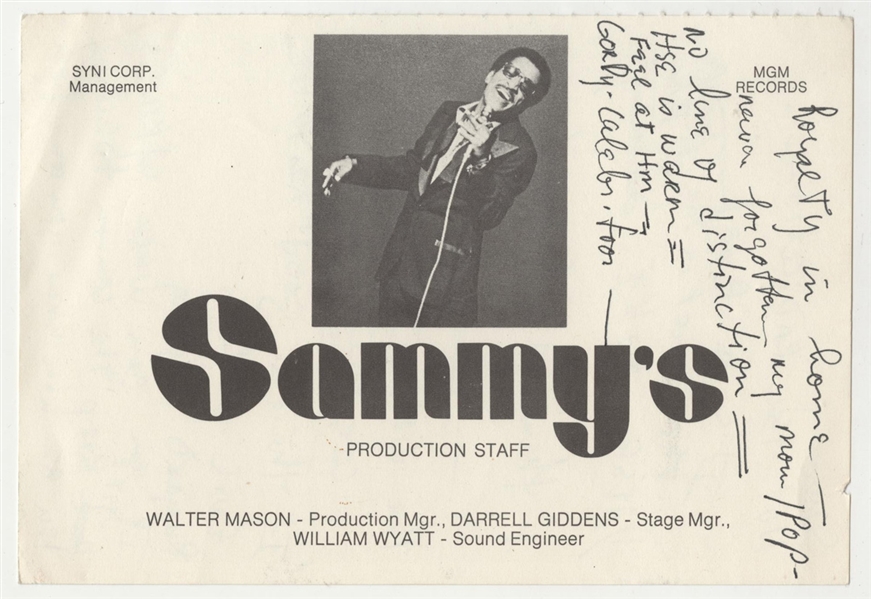 Sammy Davis, Jr. Handwritten Original "Sammys" Production Staff Card