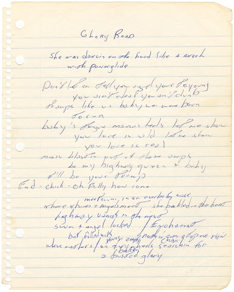 Bruce Springsteen Original 1st Draft Working Handwritten “Born to Run” Lyrics (JSA & REAL)