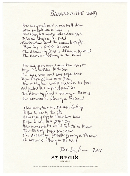 Bob Dylan Handwritten and Signed Lyrics for “Blowin in the Wind” (Bob Dylan, Jeff Rosen)