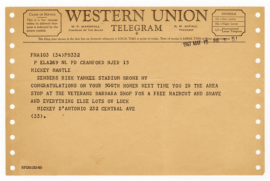 Mickey Mantle Personal Telegram Sent After His 500th Home Run 5/15/1967