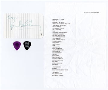 Paul McCartney 5/23/2015 O2 Arena Stage Used Setlist, Stage Used Guitar Picks (2) and a Signed Cut (REAL)