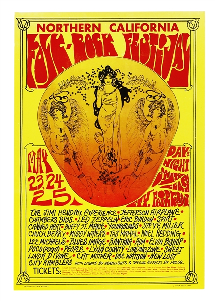 Northern California Original Folk-Rock Festival Original Concert Poster Featuring Hendrix and Zeppelin 1968