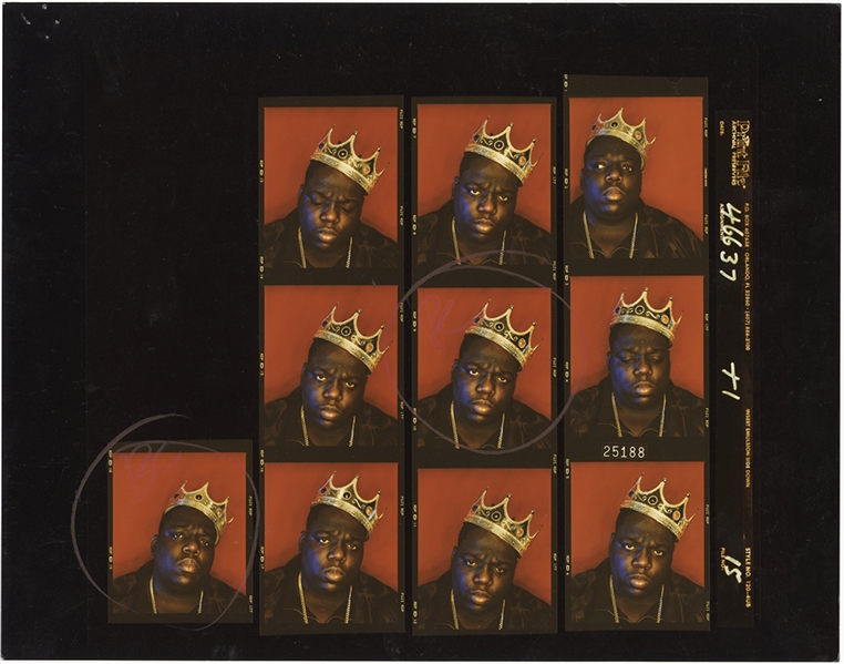 The Notorious B.I.G. Incredible Unreleased Original Contact Sheet From Iconic “King of New York” Photoshoot - Signed by the Photographer with Notations by Biggie