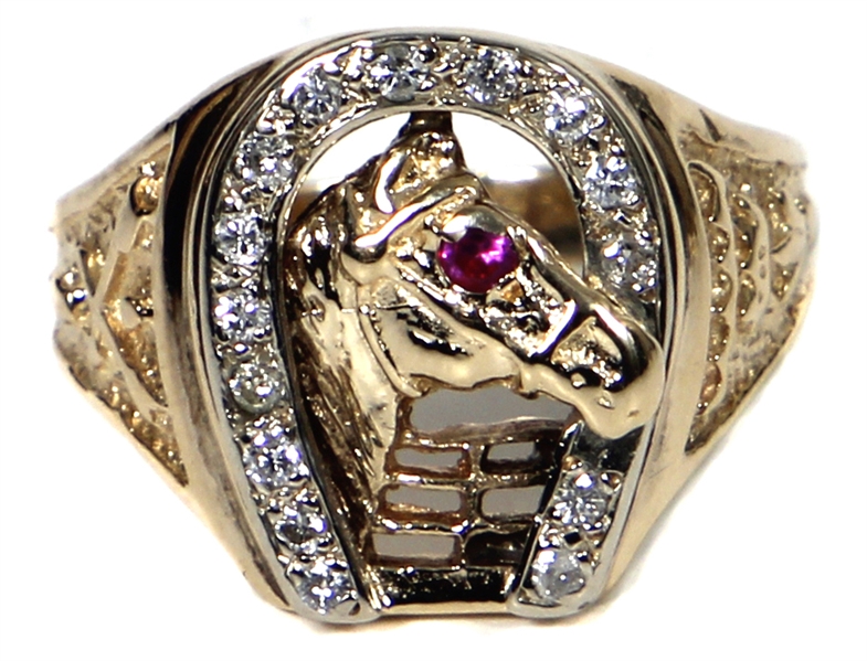 Elvis Presley Owned & Worn Custom Made 14kt Yellow Gold Horse Shoe Ring with Diamonds and Ruby in Horse’s Eye