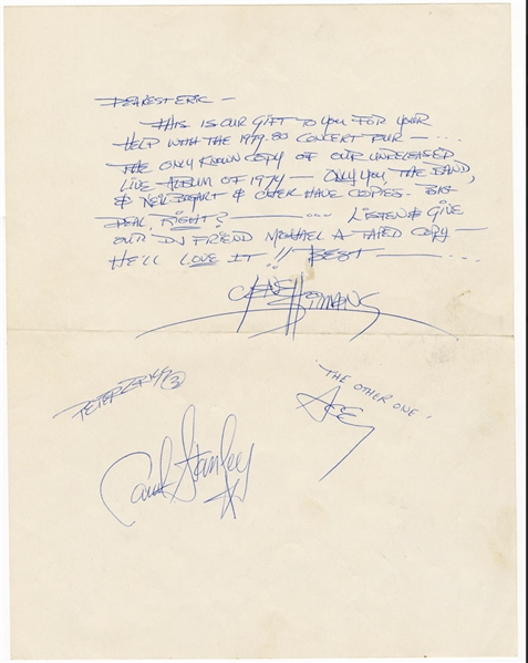 KISS Gene Simmons 1979 Handwritten Letter - Mentions Unreleased 1974 Live Album -- Signed by Gene Simmons Who Signed for Band