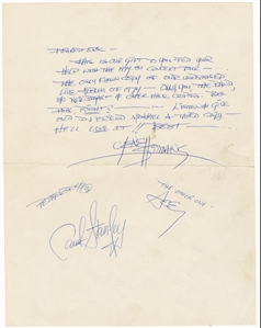 KISS Gene Simmons 1979 Handwritten Letter - Mentions Unreleased 1974 Live Album -- Signed by Gene Simmons Who Signed for Band