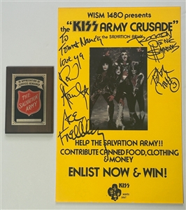 KISS Army Crusade Event Poster 1977 Rock And Roll Over for The Salvation Army Signed by Band Along with Coinciding Ace Frehley Award Plaque