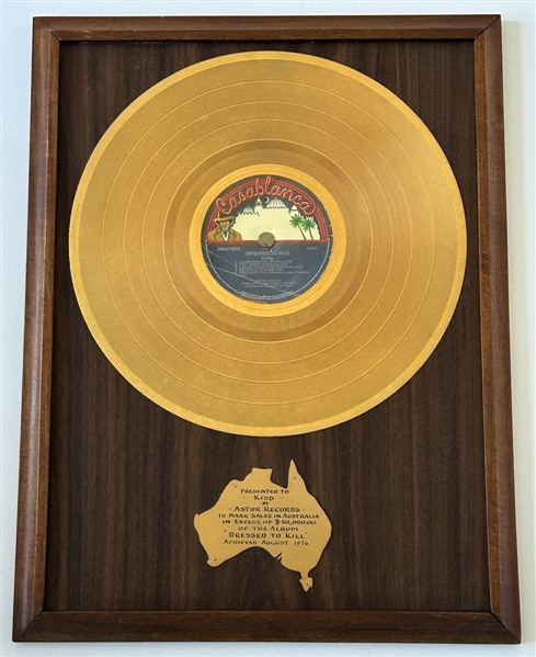 KISS Dressed To Kill Gold Record Award Australia Astor Records Blue Label Spindle presented to KISS - Formerly Owned by Ace Frehley