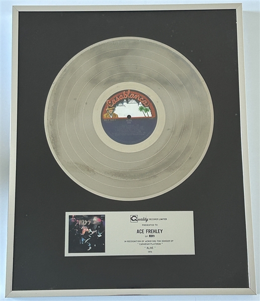 KISS Alive Platinum Record Award Canada Quality Records Blue Label Spindle Presented to Ace Frehley