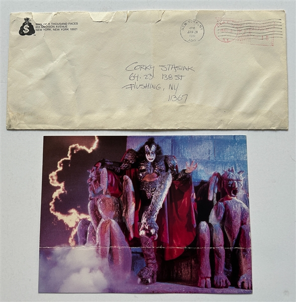 KISS Gene Simmons Jan 1981 Signed Photo Card Handwritten Letter to Kiss Engineer Corky Stasiak with Monogram Envelope