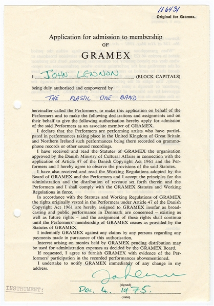 John Lennon Twice-Signed and Hand Dated Gramex Application for the Plastic Ono Band (REAL)