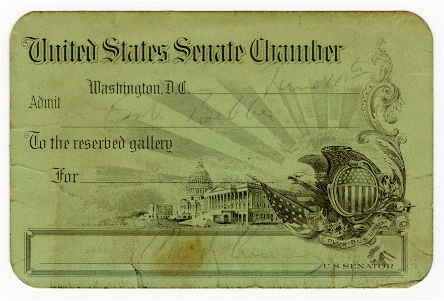 John F. Kennedy Signed US Senate Chamber Pass Circa 1957 (JSA)