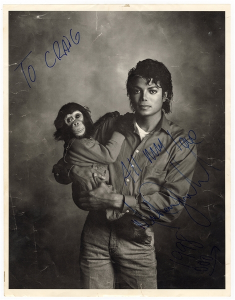 Michael Jackson Signed Oversized Photograph with His Pet Chimp Bubbles (JSA)