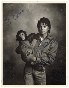 Michael Jackson Signed Oversized Photograph with His Pet Chimp Bubbles (JSA)