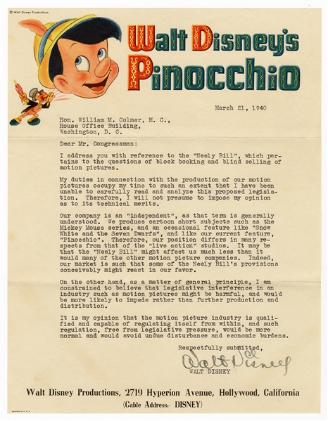 Walt Disney Signed Letter On “Walt Disney Pinocchio” Stationary - Discussing Mickey Mouse and More (JSA)