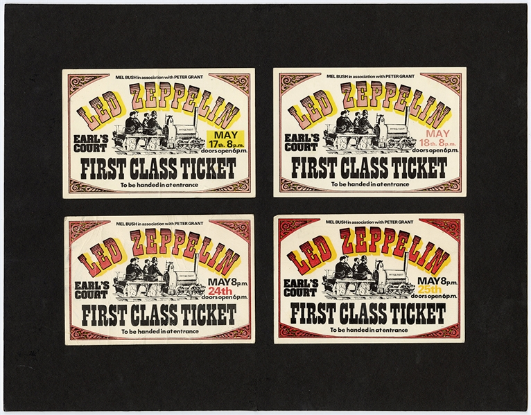 Led Zeppelin Iconic Earl’s Court 5/17/1975 to 5/25/1975 Ultra Rare First Class Tickets (4) - Only Ones Known