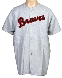 Hank Aaron Signed Vintage Atlanta Braves #44 Grey Flannel Jersey