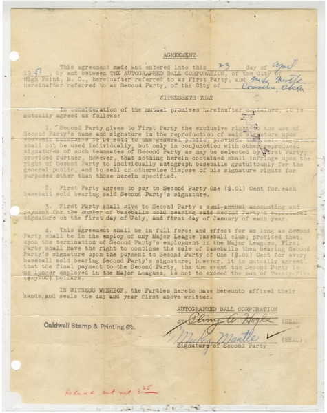 Mickey Mantle 1951 Ultra Rare First Signed Merchandising Contract! For Yankees Stamped Baseballs (JSA)