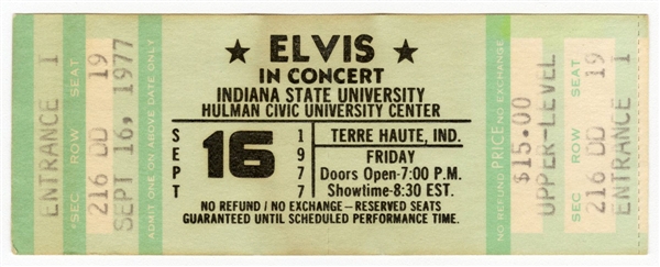 1977 Elvis Presley Concert Full Ticket for September 16, 1977, Indiana State University