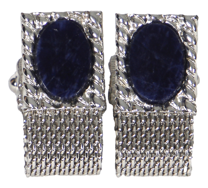 Elvis Presley Owned Silver Tone Mesh Cufflinks With Dark Blue Stones