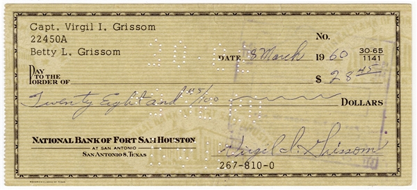 Virgil "Gus" Grissom Signed Personal Check