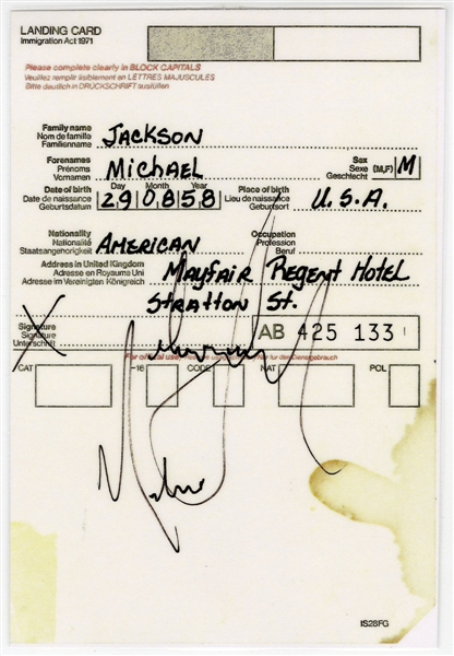 Michael Jackson Signed Immigration Landing Card