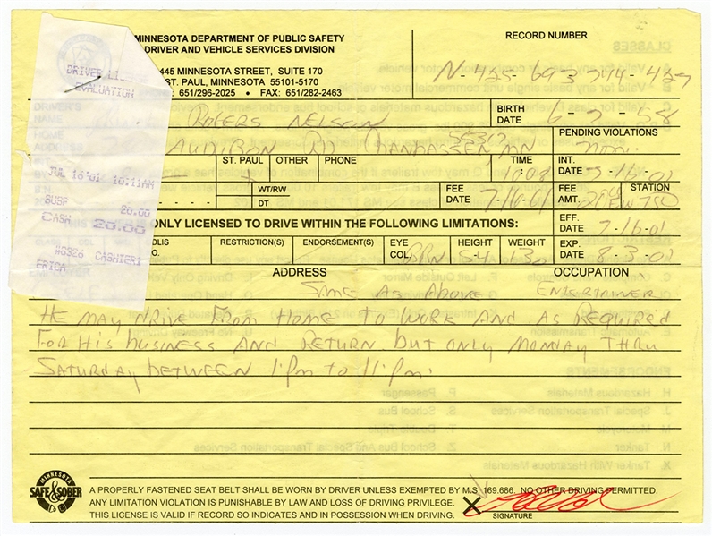 Prince Signed Minnesota 2001 Temporary Drivers License (JSA & REAL)