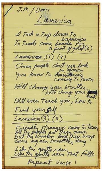 Jim Morrison Handwritten and Signed Working Lyrics for “LAmerica” (REAL)