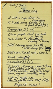 Jim Morrison Handwritten and Signed Working Lyrics for “LAmerica” (REAL)