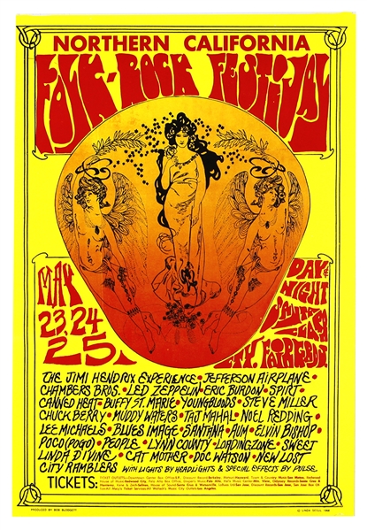 Jimi Hendrix and Led Zeppelin 1968 Northern California Original Folk-Rock Festival Original Concert Poster