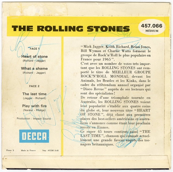 The Rolling Stones Signed “Heart of Stone” 45 Record Sleeve with Brian Jones (REAL)