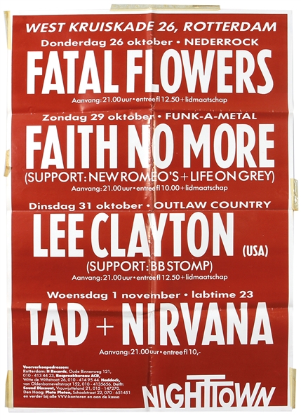 Nirvana Ultra Rare 11/1/1989 Red European Concert Poster - Only One Ever Offered in Public Auction